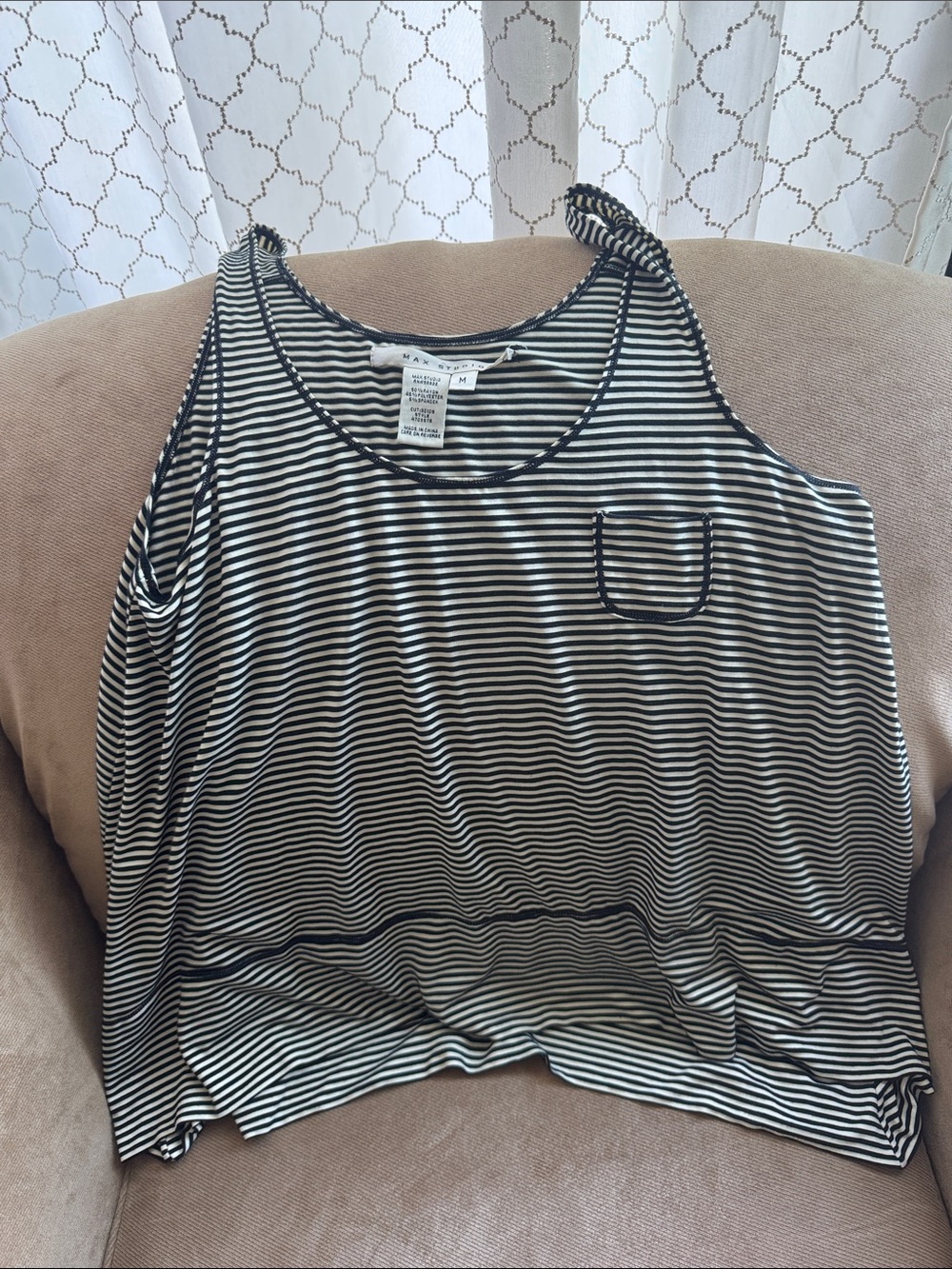 Max Studio Black and White Striped Scoop Neck Tank